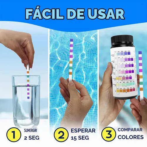 Vista 4 de Tiras de prueba 7 en 1 precisas para piscina, 150 tiras de prueba de spa para bañera de hidromasaje, kit de prueba rápida de agua de piscina, bromo