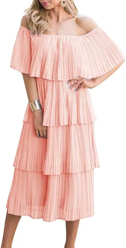 Vista 4 de ETCYY - Vestido largo de gasa para mujer estilo suelto y casual de verano con volantes y hombros descubiertos para fiesta o playa