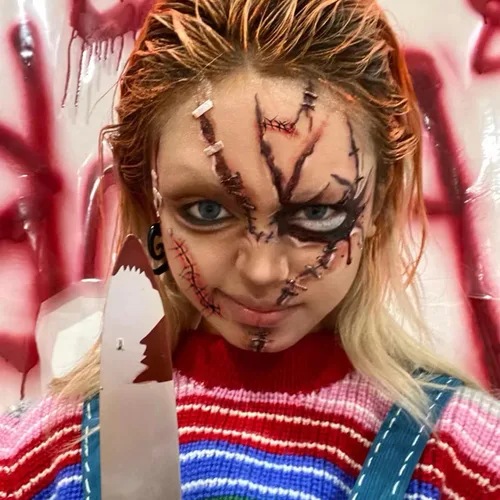 Vista 5 de NEDEQI - 20 hojas de tatuajes temporales de zombi de Halloween, tatuajes de sangre falsos de cicatriz de Chucky, impermeables, realistas, puntadas