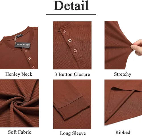 Vista 48 de COOFANDY Camisas Henley de manga larga para hombre, camisetas elásticas acanaladas, camisetas básicas casuales de moda