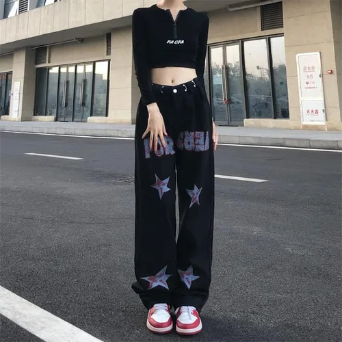 Vista 7 de CYee Jeans de cintura alta para mujer, pantalones altos con estampado de estrellas, pantalones Grunge, pantalones holgados y estéticos para la calle