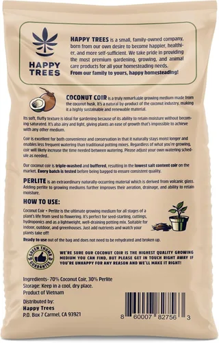 Vista 2 de Happy Trees Medio de Cultivo de Fibra de Coco y Perlita, Mezcla para Macetas, Inicio de Semillas, Calidad Premium Triple Lavado para Baja Sal/EC