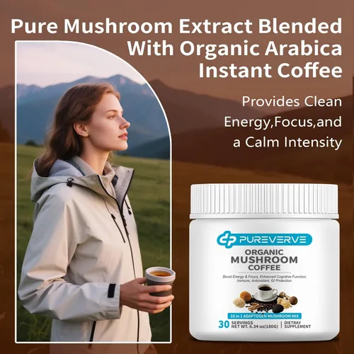 Vista 5 de Café de hongos, mezcla de polvo de extracto de hongos orgánico 10 melena de león, reishi, chaga, cordyceps, cola de pavo 30 porciones