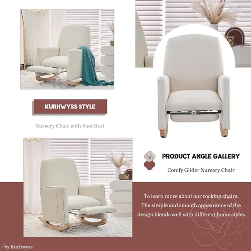 Vista 6 de Mecedora moderna para guardería, cómoda silla de guardería con reposapiés, mecedora tapizada con bolsillo, sillón de lectura con base de madera