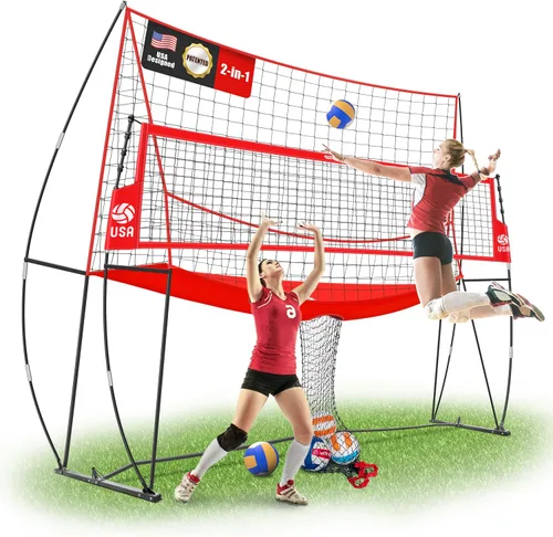 Vista 7 de 2-in-1 Volleyball Practice Net Station with Patented 5-Height (6'6'' to 8'), Heavy Duty Training System for Hitting Spiking Serving, Backyard Indoor