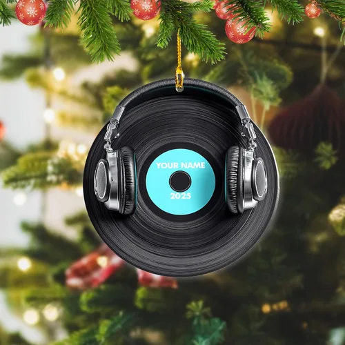 Vista 8 de Adorno de Navidad personalizado, máquina de discos de vinilo, adorno plano 2D, adorno para tocadiscos, instrumento musical, decoración de árbol