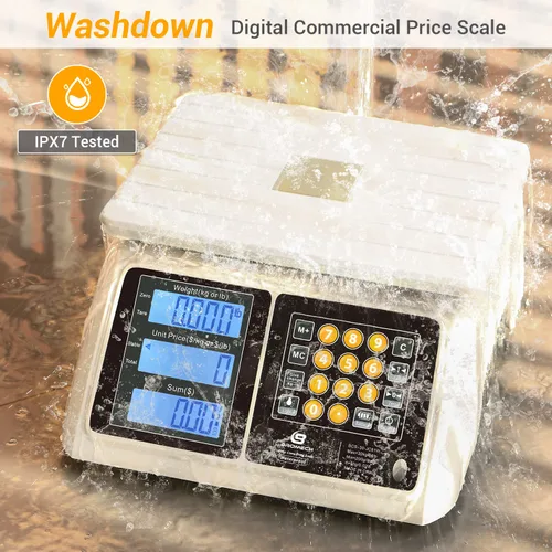 Vista 2 de Báscula comercial impermeable para alimentos BROMECH de 66 libras con cálculo de precios Digital Rechargeable Scale for Meat, Seafood, Produce at