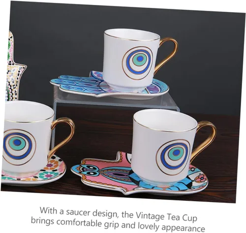 Vista 9 de Turkish Ceramic Coffee Cup and Saucer Set 120ml Retro Coffee Mug Household Tea Cup with Evil Eye Pattern for Afternoon Tea and Home Use