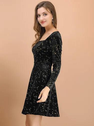 Vista 4 de Allegra K Mini vestido de terciopelo vintage con cuello cuadrado y estrellas de Navidad para mujer