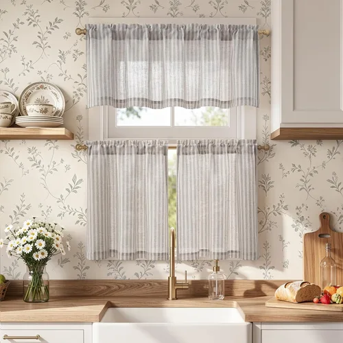Vista 15 de Jinchan - Juego de cortinas y cenefas de cocina estilo bohemio negro sobre beige y bolsillo para barra Boho Negro sobre Beige