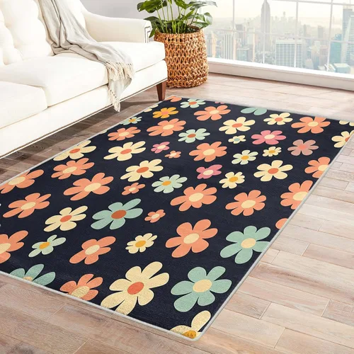 Vista 16 de Alfombra floral negra y dorada para entrada, dormitorio, cocina, 2 x 3 pulgadas, diseño de flor de cerezo de 2 x 3 pies, alfombra pequeña con diseño