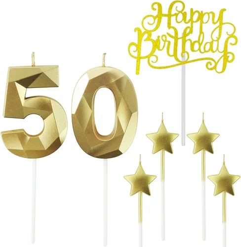 Vista 10 de Velas de cumpleaños doradas con número 20 y velas de estrella de cumpleaños de 7 cm Velas para pastel de cumpleaños en forma de diamante 3D son