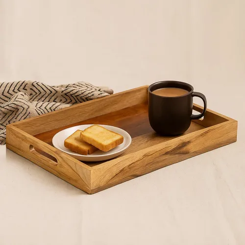 Vista 7 de Mela Artisans - Bandeja rectangular de madera de mango para servir, natural Bordes rectangulares