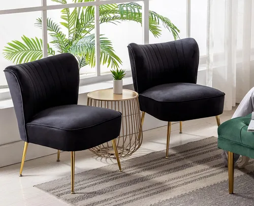 Vista 7 de Shunzhi Juego de 2 sillas decorativas de terciopelo negro con patas doradas, sillas laterales tapizadas modernas de mediados de siglo