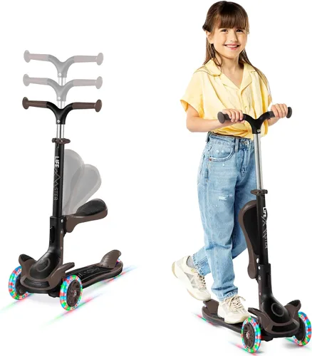 Vista 19 de Scooter de 3 ruedas para niños con asiento plegable, altura ajustable del manubrio, juguete de paseo inclinado para conducir para niños a partir