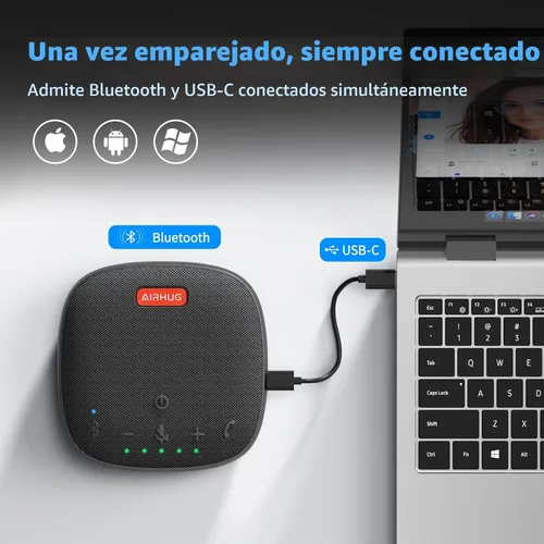 Vista 3 de AIRHUG Altavoz de conferencia y micrófono, altavoz Bluetooth con recogida de voz de 360°, reducción de ruido avanzada, USB-C Plug & Play, compatible
