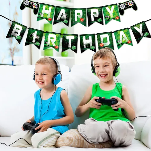 Vista 6 de WERNNSAI Cartel de cumpleaños del juego – Suministros de fiesta de videojuegos, guirnalda de banderines de feliz cumpleaños para niños, niños