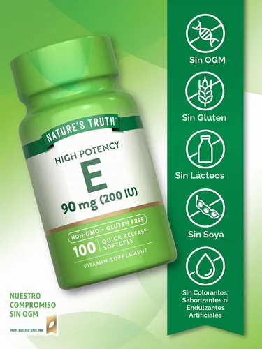 Vista 3 de Nature's Truth Cápsulas blandas de vitamina E 200 UI 100 cápsulas blandas Suplemento sin OMG y sin gluten