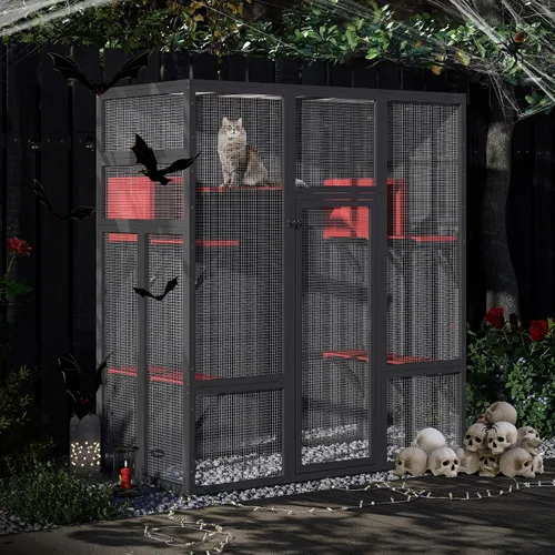 Vista 8 de COZIWOW Catio de madera grande de 70 pulgadas para exteriores con perchas y condominios, jaula para gatos interior con techo impermeable, 7
