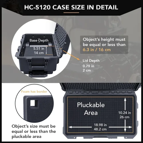 Vista 3 de Lykus HC-5120 Funda rígida impermeable con ruedas y espuma personalizable, Tamaño interior 20.3x11.3x7.3 pulgadas, Adecuada para cámara, lente