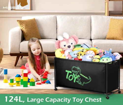 Vista 3 de MISSLO Caja grande de juguetes con ruedas, gran baúl de juguetes para niños, organizador de juguetes, 124L, color negro