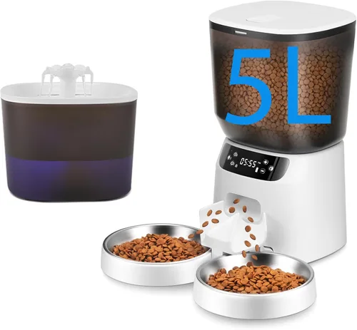 Vista 9 de Alimentador automático para gatos y fuente de agua, dispensador de alimentos secos para gatos con temporizador de 4 litros/16 tazas, llamada
