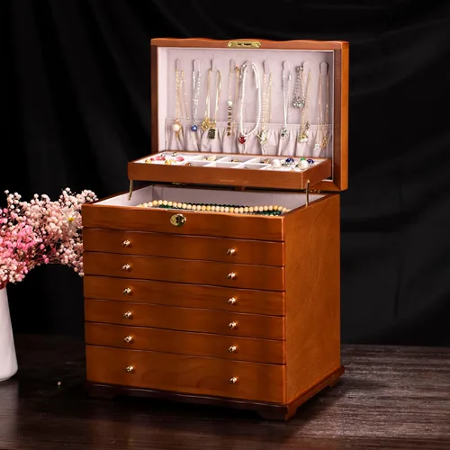Vista 2 de Joyero de madera, joyeros para mujer, caja grande para joyas y organizadores con colgador de collares, organizador de joyas, organizador de joyas