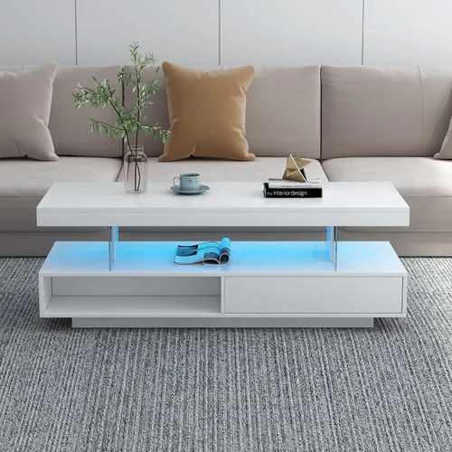 Vista 16 de Mesa de centro moderna con vidrio templado, mesa de cóctel de madera con superficie UV de alto brillo, mesa central rectangular modernista de 2 Negro
