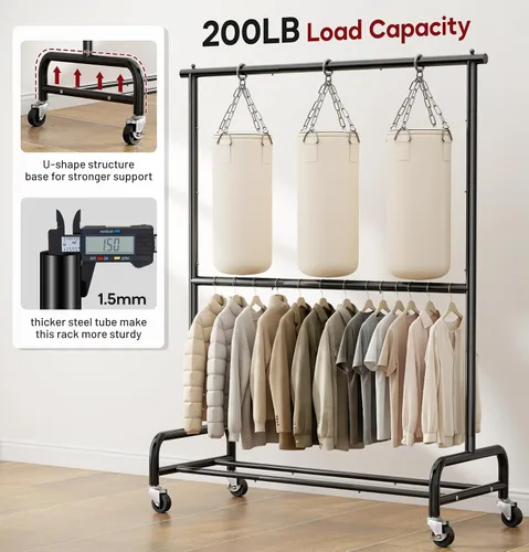 Vista 3 de SLEEPING LAMB Perchero de doble varilla resistente para colgar ropa, perchero enrollable de metal con ruedas para colgar ropa, estante de Negro