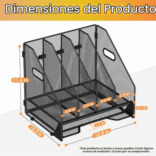 Vista 3 de Docnest Organizador de archivos de escritorio, 4 compartimentos verticales con bandeja de cartas, soporte de archivos de malla con asa