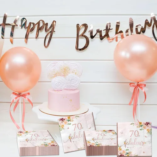 Vista 4 de Decoraciones de cumpleaños número 70 para mujer, 40 servilletas de papel falulous de color oro rosa, suministros de fiesta de cumpleaños