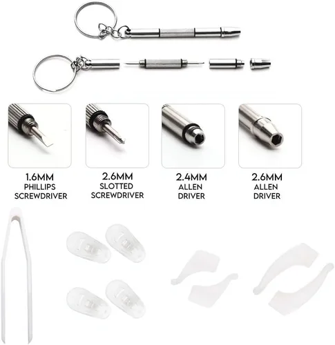 Vista 4 de Juego de destornilladores de precisión, kit de reparación de gafas con 10 estilos de destornilladores/almohadillas para la nariz/destornilladores