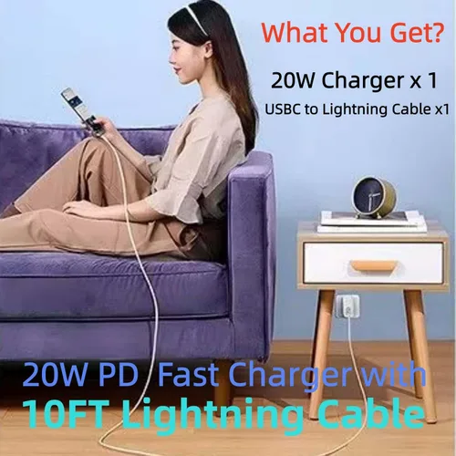 Vista 6 de Certificado MFi para cable USB-C a Lightning extralargo de 10 pies con cargador PD de 20 W, 1 paquete Cable de carga rápida de 27 W compatible