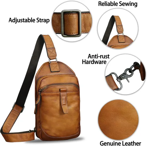 Vista 6 de LRTO Bolso de cuero genuino para hombres y mujeres retro de cuero bandolera bolso bandolera bolso de hombro bolsa de pecho