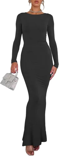 Vista 4 de REORIA Vestido largo sexy con espalda descubierta en V para mujer, para otoño, casual, cuello barco, manga larga, acanalado, bodycon, maxi vestidos