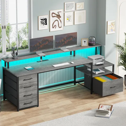 Vista 15 de SEDETA Escritorio para computadora con 5 cajones, toma de corriente, luces Negro con luces LED