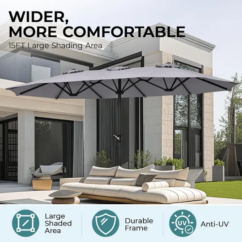 Vista 27 de Sombrilla de doble cara para patio de 15 x 9 pies con base y manivela, sombrilla rectangular extragrande para patio, césped y jardín, beige