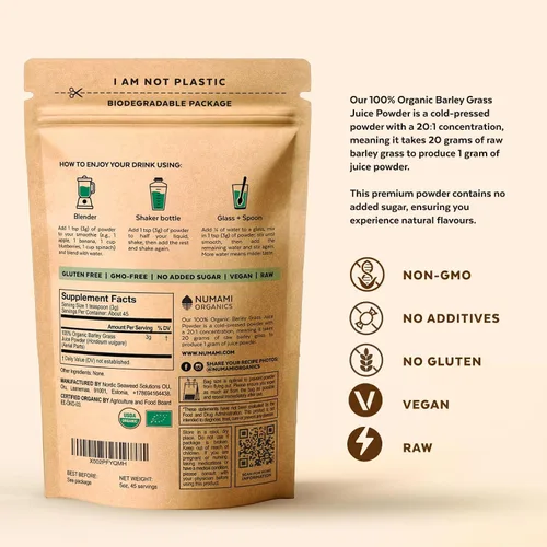 Vista 7 de Numami Polvo de jugo de hierba de cebada orgánica, cultivado en Estados Unidos, puro crudo y soluble en agua, añádelo a tu batido o bebida como jugo