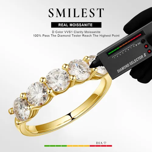 Vista 5 de SMILEST 5 Stone Moissanite Rings for Women, D Color VVS1 Clarity Brilliant Round Lab Created Diamond Rings 14K White Yellow Rose Gold Vermeil
