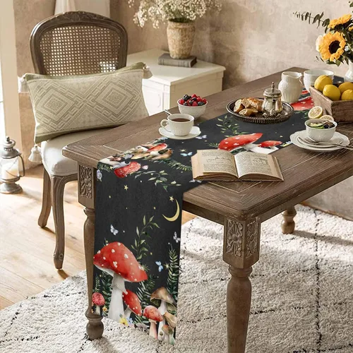 Vista 4 de Camino de mesa de lino y algodón con hongos de granja, luna nocturna y estrellas, bufanda negra de 13 x 60 pulgadas, lavable para cocina, comedor