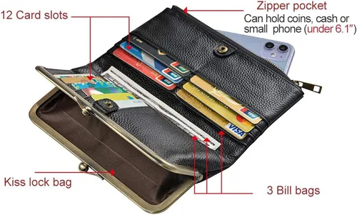 Vista 5 de Carteras de cuero suave para mujer compactas plegables RFID monedero con cremallera y bloqueo de beso Negro - Vintage