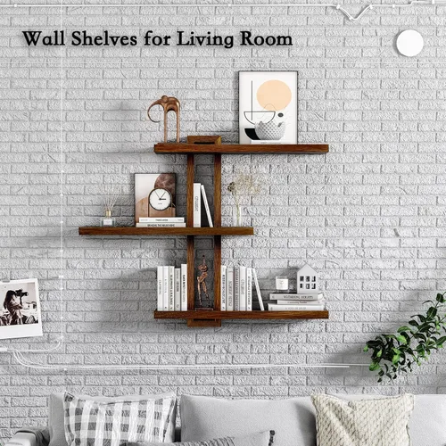 Vista 2 de yaqew Estantes flotantes variables de madera, juego de 4, estantes para baño de 28.35" máx., estantes de pared rústicos para sala de estar