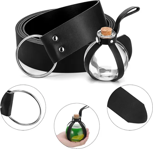 Vista 4 de Sintege Juego de accesorios de Halloween, botella de poción oscura con cinturón de cuero medieval de corcho, bolsa de cuero medicinal con cordón