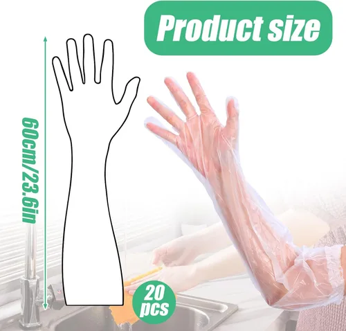 Vista 2 de 20 guantes de limpieza de goma desechables largos transparentes, guantes de plástico para lavar platos, guantes de plástico desechables impermeables
