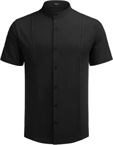 Vista 4 de COOFANDY Mens Short Sleeve Cuban Guayabera Shirt Casual Band Collar Button Down Shirts