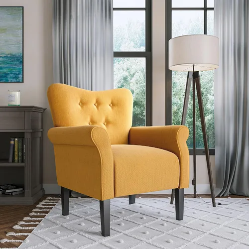 Vista 5 de BELLEZE Silla decorativa moderna, sillón de respaldo alto, silla lateral tapizada con respaldo alado, sofá individual acolchado con patas de madera