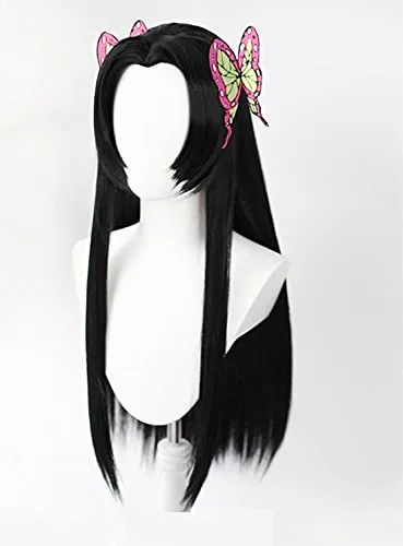 Vista 2 de Blade of Demon Slayer Kochou Kanae Cosplay peluca Kimetsu no Yaiba largo negro recta punta débil pelo sintético Pelucas +2 mariposas