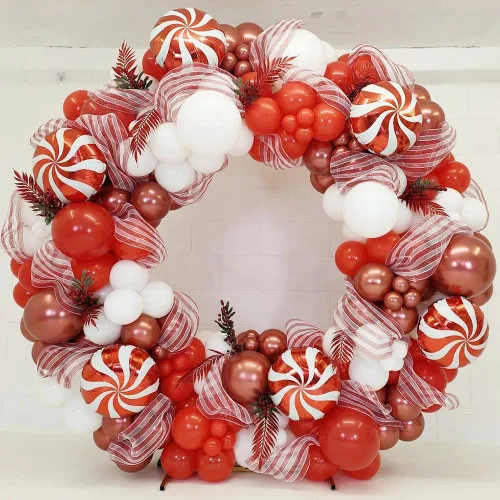 Vista 2 de Kit de arco de guirnalda de globos de Navidad, 148 unidades, globos rojos y blancos rubí, bastón de caramelo, piruleta, explosión, estrella, globos