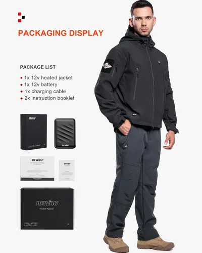 Vista 6 de DEWBU Chaqueta de hombre con calefacción eléctrica para invierno y con batería de 12 V, abrigo con revestimiento suave para exteriores Negro