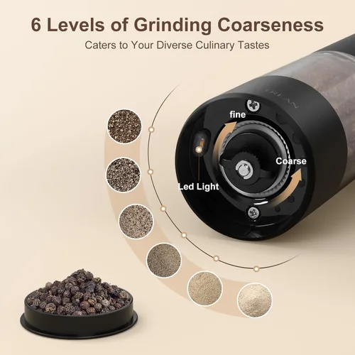 Vista 3 de Ultrean Molinillo de pimienta, molinillo de sal y pimienta recargable con 6 grosores ajustables, luz LED, molinillo automático para cocina